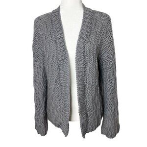 Handmade Women's Cardigan Sweater L Gray Open Front Bell Long Sleeve Chunky Knit